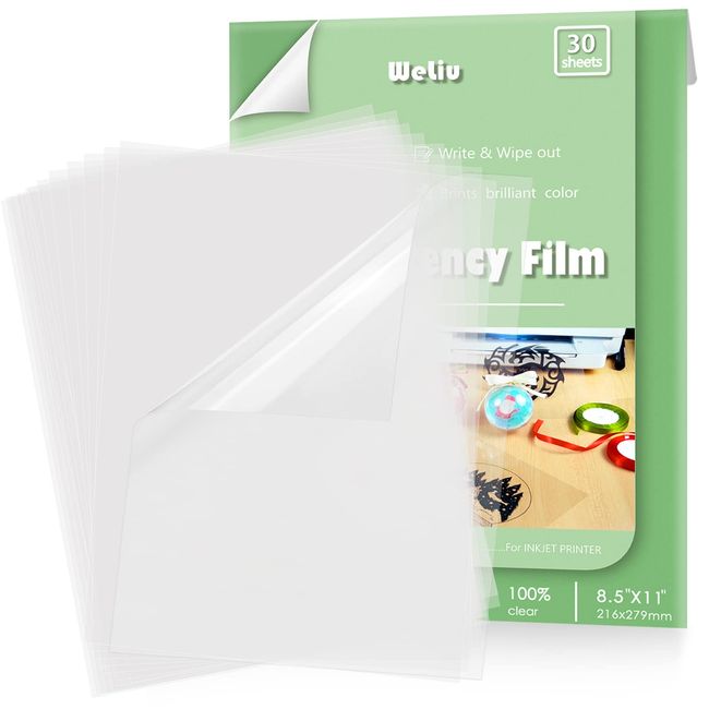 Weliu Transparency Film for Inkjet Printers 30 Sheets Transparency Paper Sheets for Overhead Projector 100% Clear 8.5 x 11 Inches