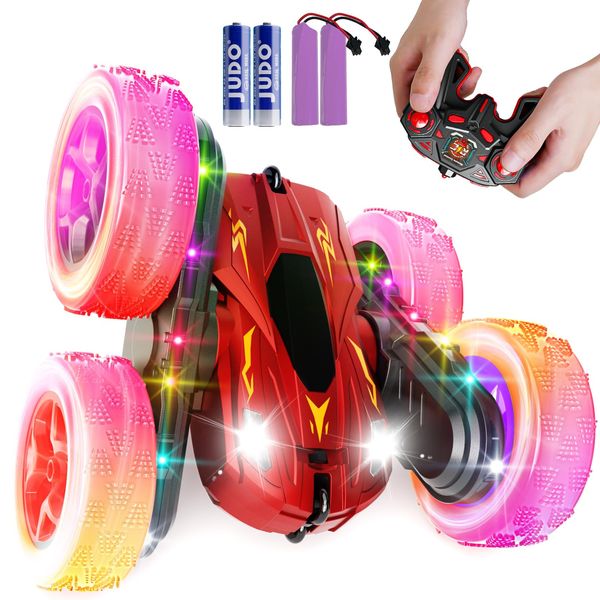 28℃ Remote Control Car,RC Cars with Sides Light Strip and Headlights,Double Sided 360 Flips Rotating RC Stunt Car,2.4Ghz All Terrain Toys for Ages 5-7 Kids Toy for Boys Girls, Red