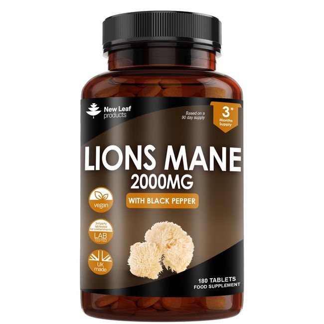 Lions Mane Mushroom Extract Supplement 2000mg - 180 High Strength Vegan Tablets with Black Pepper - (Not Powder or Capsules) Made in The UK by New Leaf Products