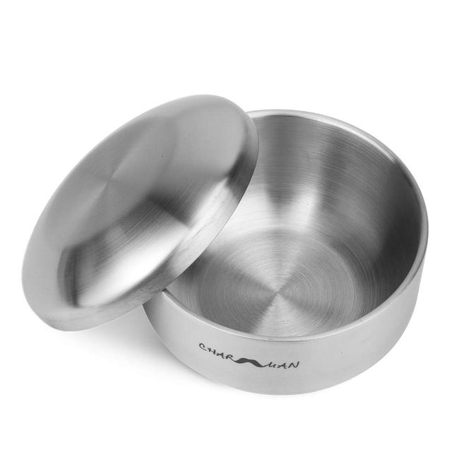 CHARMMAN Stainless Steel Shaving Soap & Cream Bowl with Lid | Three-walls Heat Preservation | Heavy Weight Steel （270g/ 0.59ib