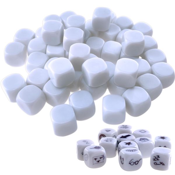 16MM Blank White Dice Set Acrylic Rounded D6 Dice Cubes for Game, Party, Fun, DIY Sticker and Math Teaching, Pack of 50