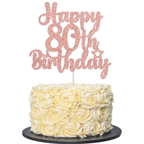 Gyufise 1Pc Happy 80th Birthday Cake Topper Glitter Cheers to 80 Years Old Birthday Cake Pick for Happy 80th Birthday Anniversary Party Cake Decorations Supplies Rose Gold