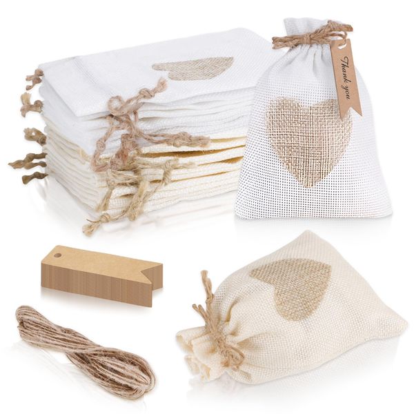 HMIEPRS 40 Pcs Burlap Bags, Linen Drawstring Bags with Gift Tags, Heart Hessian Bags, Jute Cloth Favour Pouches for Wedding Fabric Christmas Party Birthday DIY Craft (White Beige)