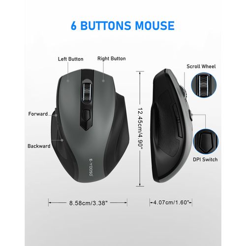 E-YOOSO Wireless Mouse, 2.4G USB Computer Mouse with 5 Levels 4000 DPI, 18 Months Battery Life, Ergonomic Grips, 6 Buttons Large Optical Mouse for Laptop, Mac, PC, Chromebook, Notebook (Gray 2PCS)
