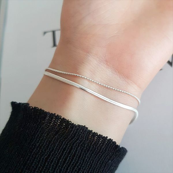 [Free Shipping] 925 Silver Double-Line Layered Matte Twisted Women&#39;s Silver Bracelet