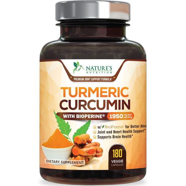 Turmeric Curcumin with BioPerine 95% Standardized Curcuminoids 1950mg - Black Pepper for Max Absorption, Natural Joint Support, Nature's Tumeric Extract, Herbal Supplement, Non-GMO - 180 Capsules