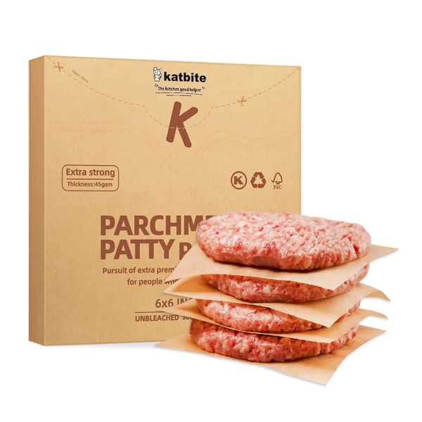 katbite Burger Paper, Unbleached, 15 x 15 cm, 300Pcs, Non-Stick Parchment Paper Squares Perfect for Seperating Patty, Cookies, Storing Foods and Wrapping Candies