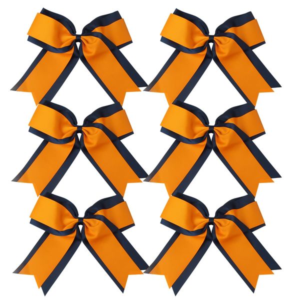 8 Inch 2 Colors Cheerleader Bows 2 Layers 6 Pcs Ponytail Holder Cheerleading Bows Hair Elastic Hair Tie (Navy Blue/Orange)