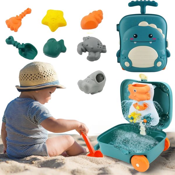 DULICA Beach Toys for Toddlers - Toddler Sand Toys Set with Water Wheel, Animal Molds, Watering Can, Sand Scoop in Cute Dinosaur Case | Essential Summer Travel & Bathtub Toys for Kids