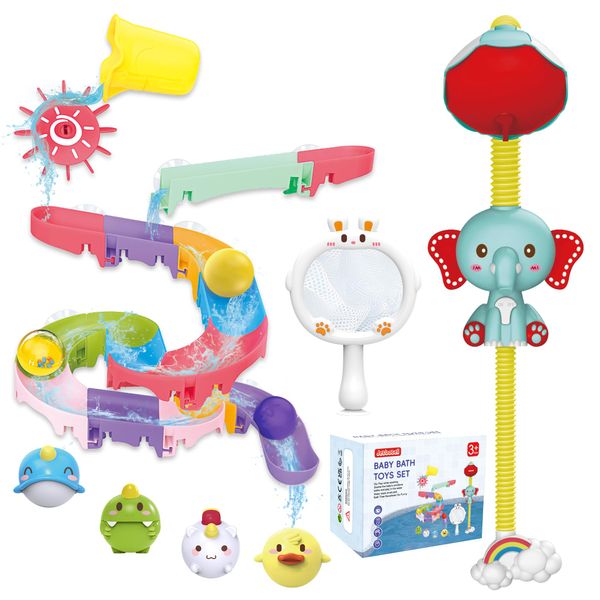 Toddler Bath Toys, Baby Bath Tub Toys with Slide Track and Elephant Shower Sprays, Fishing Floating Animals Toys,Bathtub Toys Gift for Kids Ages 2-5