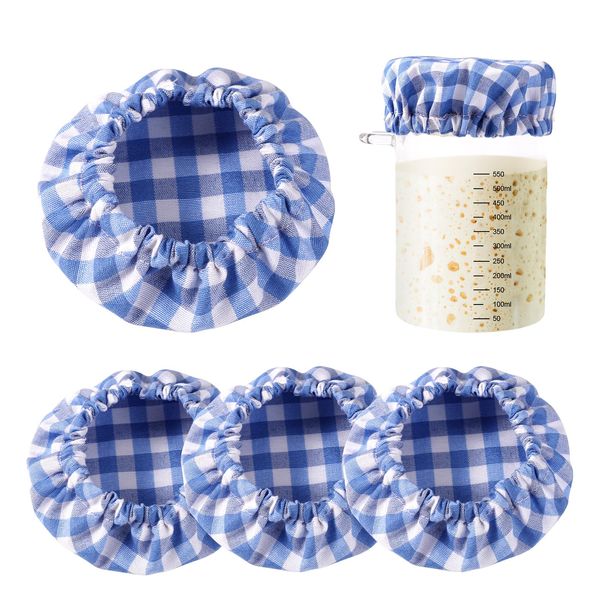 4st Stoff Deckel Gläser, Karierte Baumwolle Stoff Deckel für Marmeladengläser Elastisch Ungebleicht Wiederverwendbar Stoffabdeckung Schüssel für 7,62-10,16cm Glasmündung (Blau)