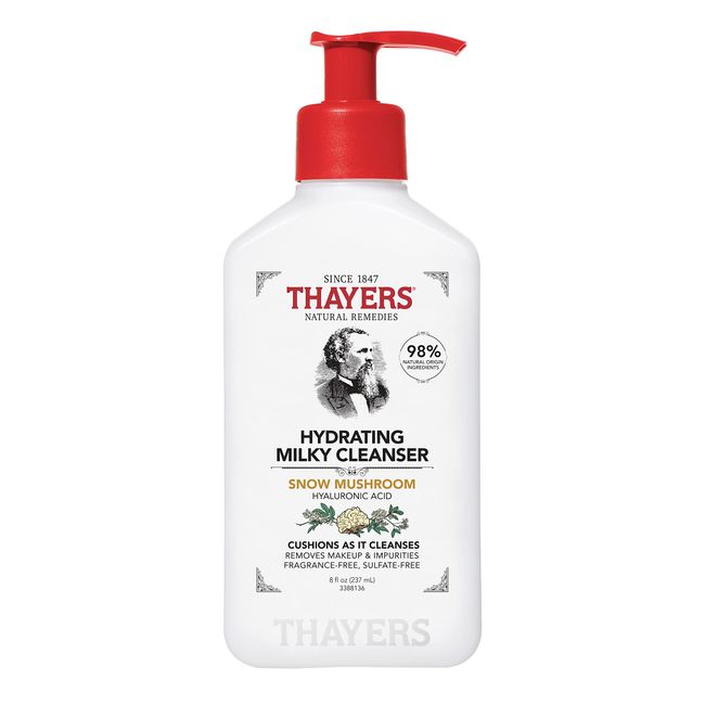 Thayers Milky Face Cleanser with Snow Mushroom, Hyaluronic Acid - Gentle, Hydrating, Dermatologist Recommended for Dry, Sensitive Skin - Paraben Free, 8 oz