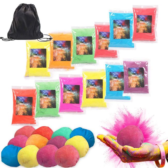 Color Powder Balls 12Pack,Refillable Holi Color Balls in 70g Bags,Portable Drawstring Bag,Holi Powder Fun,Ideal Packets for Color Run,Marathon Race Events, Gender Reveal, Color Wars,Festivals Supplies