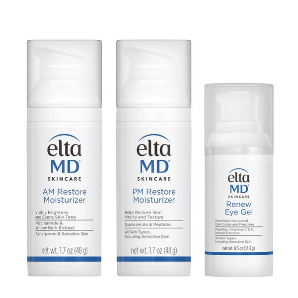 EltaMD Morning and Night Skin Care Kit, AM Restore and PM Restore Facial Moisturizers, Anti-Aging Renew Eye Gel