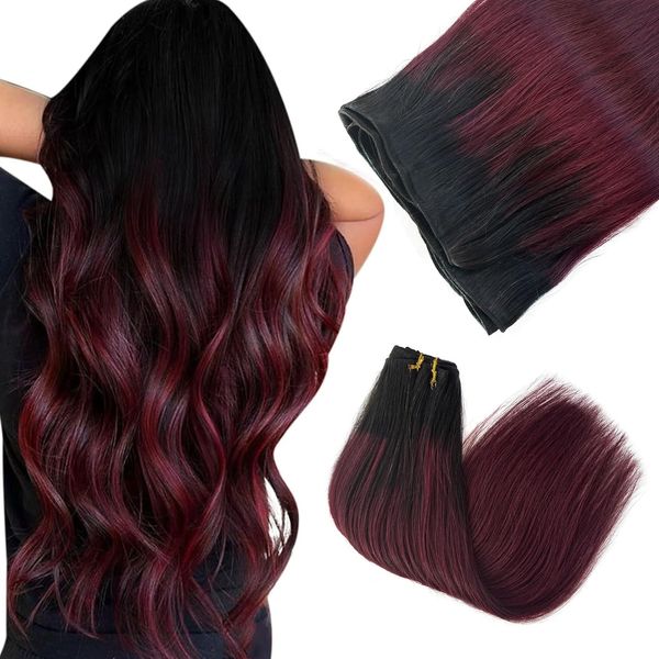 Ombre Sew in Hair Extensions Real Human Hair,Highlighted Red Burgundy Weft Hair Extensions Human Hair Double Weft Silky Soft Hair Burgundy Hair Bundles Sew in Extensions for Fullness and Thickness 24"