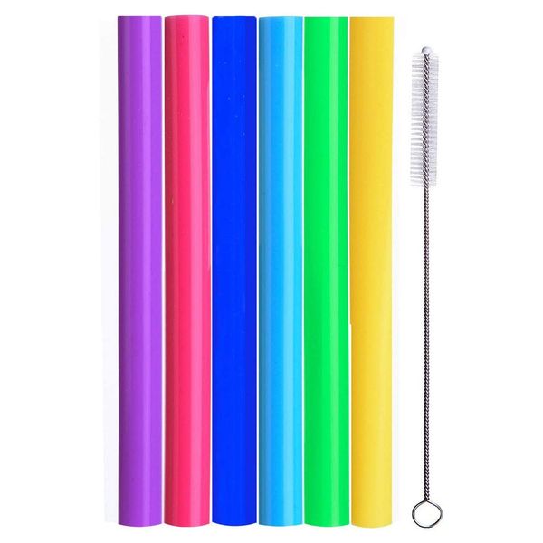 ALINK Reusable Boba Smoothie Straws, 10” Long Extra Wide Fat Silicone Straws for Drinking Bubble Tea, Milkshakes, Set of 6 with Cleaning Brush