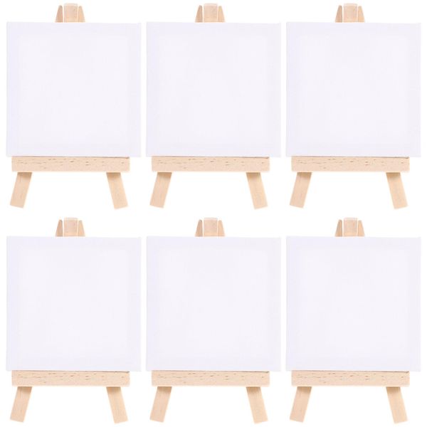 cabilock 6 Sets Mini Stretched Canvas with Easel Artist Tripod Tabletop Holder Stand Painting Party Kids Crafts Oil Acrylic Paints Signs Photos (White)