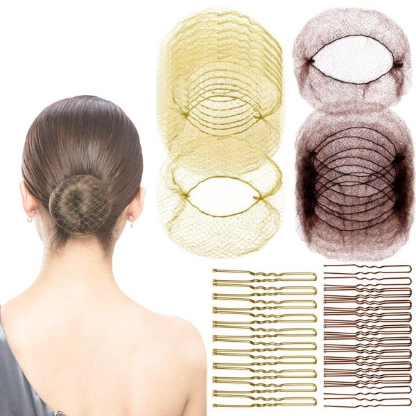 Bmeigo 20pcs Hair Nets for Buns with 40pcs U Shaped Pins, Invisible Bun Nets and Hair Pins Set Elastic Mesh Thin for Women, Ballet Dancer, Nurses, Air Hostess (Gold+Brown)