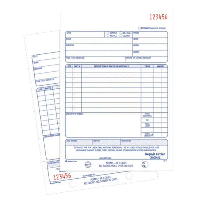 Adams Repair Order Book, Carbonless, 2-Part, White/White, 5-9/16 x 8-7/16 Inches, 50 Sets (D5084)