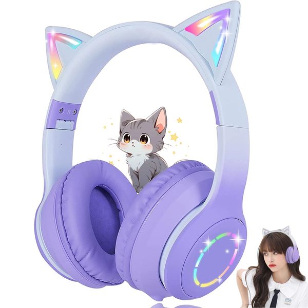 Cat Ear Headphones, Bluetooth 5.1 Wireless Headphones, Wired and Wireless, Dual Use, Cat Headset, LED Light, Sparkling, Rainbow Color Conversion, Over-Ear Headphones, Built-in Microphone, Hands-free