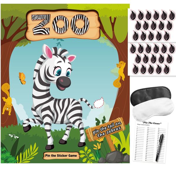 Jungle Safari Animal Birthday Party Games, Pin The Tail on The Zebra Party Game, Zoo Themed Safari Birthday Party Supplies Decorations