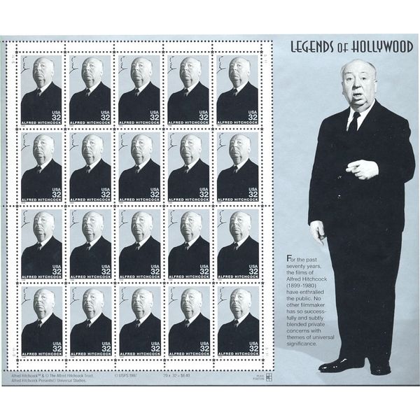 Alfred Hitchcock: Legends of Hollywood, Full Sheet of 20 x 32-Cent Postage Stamps, USA 1998, Scott 3226