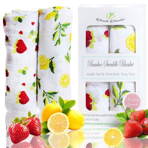 Muslin Swaddle Blanket Set of 2, Lemon and Strawberry Prints