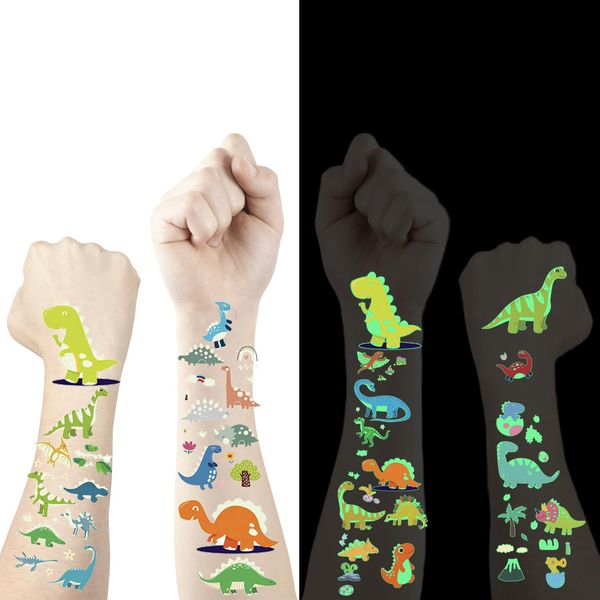 HISUNBEN Temporary Tattoo for Kids, 10 Sheets Glow In The Dark Cartoon dinosaur Tattoo Stickers, Birthday Decorations, Birthday Party Games, Prize Toys (dinosaur)