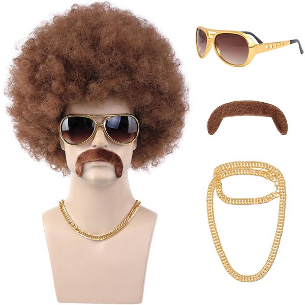 morvally 70s Brown Afro Wig for Men with Glasses Chain and Mustache Mens Short Brown Curly Disco Costume Wigs 70's 80s Hippie Rocker Funny Cosplay Synthetic Wigs for Halloween Party