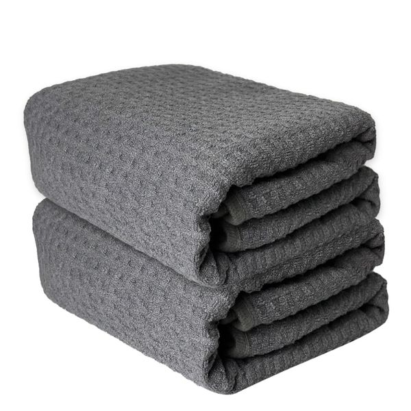 Puomue Bath Towels – Super Absorbent, Soft and Fast Drying Bath Lines - 2 Pack (27 x 54 Inch) - Multipurpose for Travel, Sports, Spa, Waffle Weave, Grey