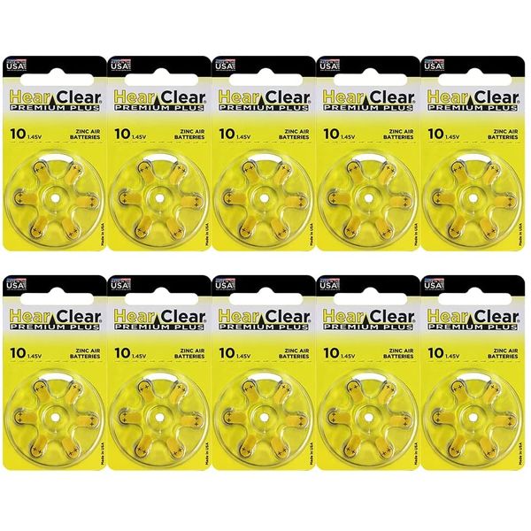 Hearclear Size 10 PR230 Hearing Aid Batteries Yellow Tab + Keychain (60 Batteries)