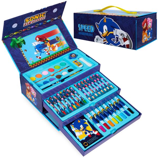 Sonic The Hedgehog Art Set for Girls Boys Colouring Sets for Children 40 Plus Pieces Travel Set CarryF & F Storesing Handle Painting Sets for Children Art Supplies Gifts for Boys