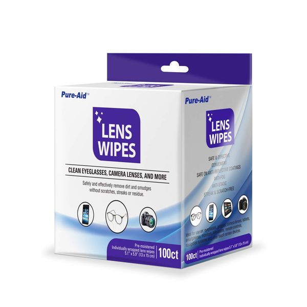 Pure-Aid Lens Wipes, Cleans Eyeglasses Camera Lenses, Smart Phones and More - 100ct (Individually Wrapped Wipes) per pack