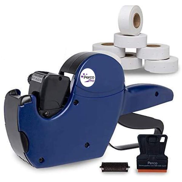 Perco Pro 2 Line Price Gun Labeler Kit - Includes 2 Line Pricing Gun, 10,500 Plain White Labels, and Preloaded Inker