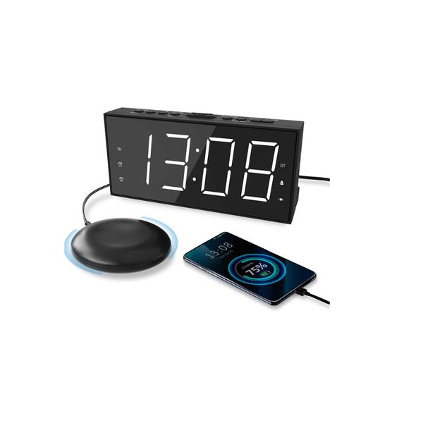 Digital Loud Alarm Clock Bed Shaker Dimmer Battery Backup LED Display Snooze USB