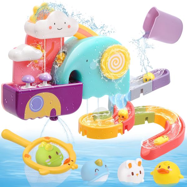 CUTE STONE Baby Bath Toys, Bathtub Toy W/ Water Slide Building Track, No Hole Floating Squirting Toys, Duck Fishing Net Game, Toddler Shower Toys, Water& Pool Toys, Educational Gifts for Boys Girls