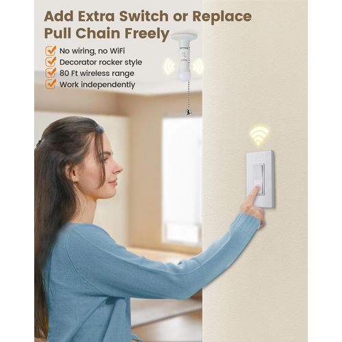 SURAIELEC Remote Control 2 Light Sockets, 100FT Wireless Decorator Wall Switch, E26 Smart Light Bulb Socket, No Wiring No WiFi, Wireless Light Switch for Closet Lamp, Pull Chain Ceiling Light Fixture