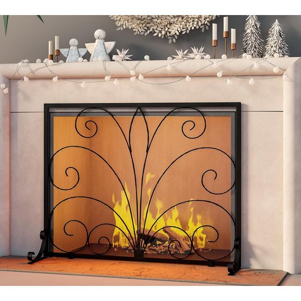 Fireplace Screen,Handcrafted Wrought Iron Decorative Mesh,Flat Guard Metal Furna