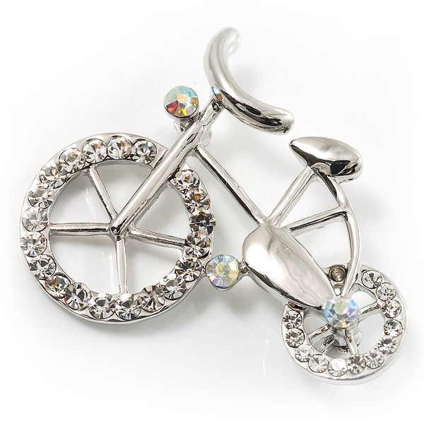 Rhodium Plated Crystal Bicycle Brooch