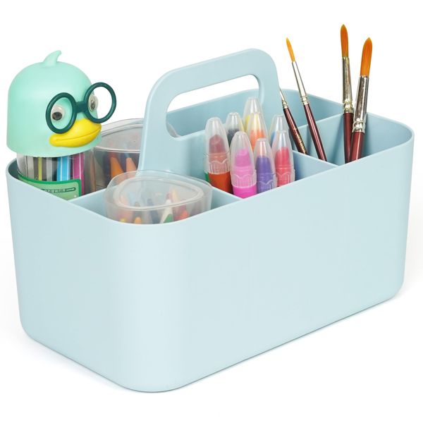 BELLE VOUS Plastic Desk Organiser Caddy with Handle - Stackable Storage Caddy with Adjustable Divider for Makeup, Cleaning Supplies, Art and Crafts