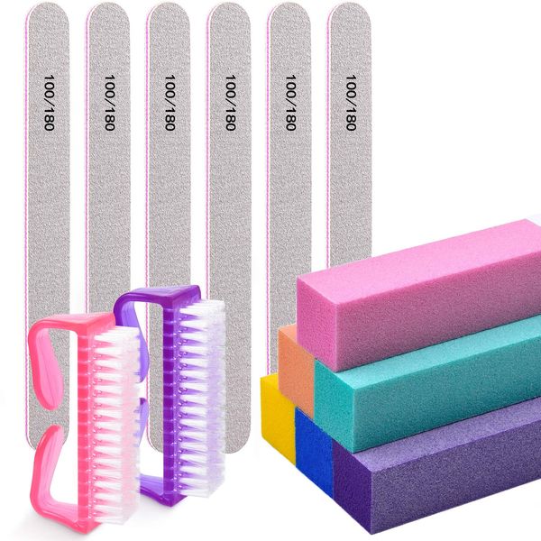 Nail Files and Buffers, MORGLES Professional Manicure Tools 6pcs Rectangular Nail Buffer Blocks 6pcs 100/180 Grit Nail File 2pcs Brush for Natural Acrylic Nails