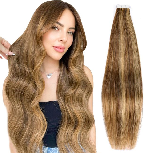 DIYOMO Tape in Hair Extensions Human Hair,Chestnut Brown Auburn Brown Hair Extensions Handcrafted Soft & Smooth Remy Hair Extensions for Women,#P7B/8B 2.5g/Pcs 50g/Pack.