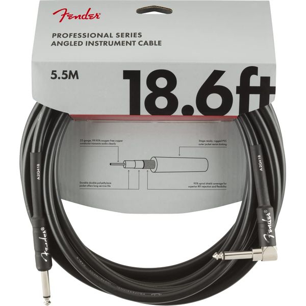 Fender Professional Series Instrument Cable 18.6ft,5.5m, Engineered to Avoid Twisting, Straight-to-Angle Connectors, Black