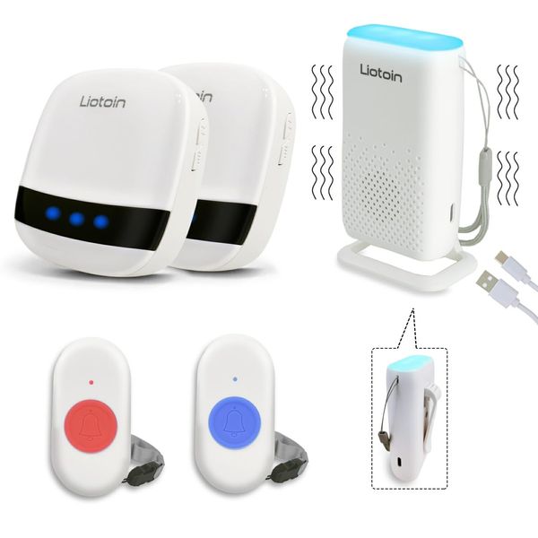 LIOTOIN Calling Bell Nursing Care Buzzer Nurse Call Home Wireless Nursing Bell Emergency Button Call Button Alarm System Call Bell Bells Nursing Care (1 Portable Receiver + 2 Plug-in Receivers + 2 Transmitters )