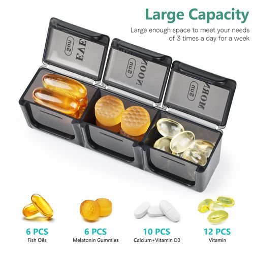 Large Weekly Pill Organizer 3 Times a Day, MOLN HYMY Dual Protection Portable 7 Day Pill Box, Travel Friendly Daily Pill Containers for Vitamins/Medication/Fish Oils/Supplements (Black)