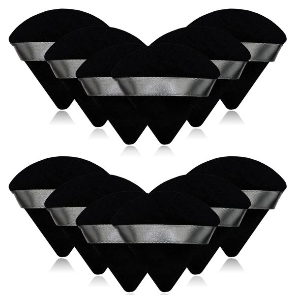 12 Pieces Black Cosmetic Powder Puff,2.76 inch Portable Soft Sponge Setting Face Puffs,Triangle Velvet Powder Puff with Ribbon Band Handle for Loose Powder Body Powder Makeup Tool