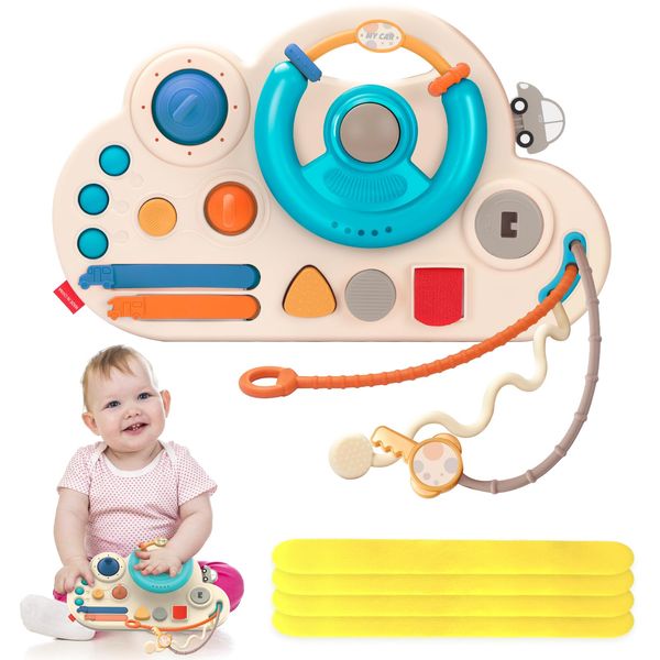 Montessori Toys for 1+ Years Old, Busy Board Toys with 4 Straps Steering Wheel Toy Travel Toys for Toddlers 1-3, Car Seat Toys, Sensory Educational Activity Toys, Best Gift for 18M+ (Blue)