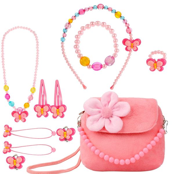 BIQIQI Kids Jewelry Set Little Girls Plush Purses with Necklace Bracelet Ring and Earring Jewelry Set Cute Handbag My First Purse for Little Girls Dress up and Pretend Role Play