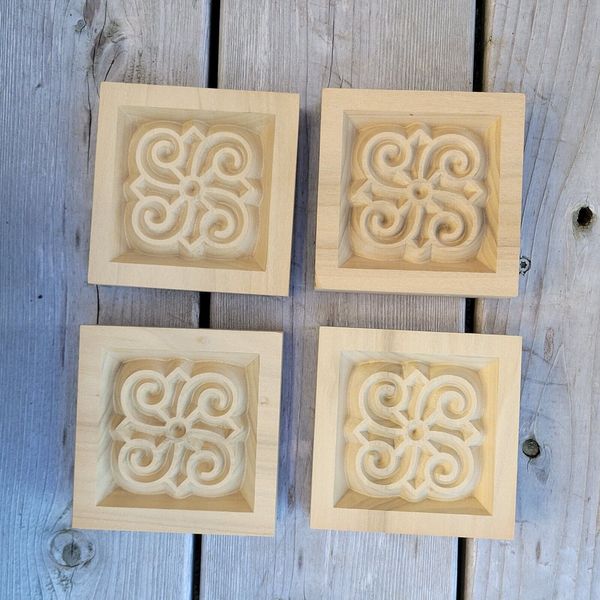 Rosette Square Block Plinth Decorative Carved Wood Poplar Trim Molding Set 4