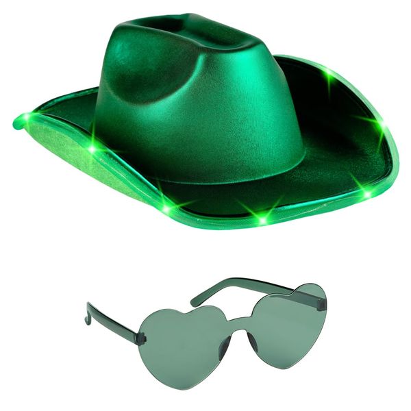 Funcredible Green Light Up Cowboy Hat and Glasses - Holographic Led Green Cowboy Hats for Women - Space Cowgirl Hat - Space Cowgirl Costume Outfit